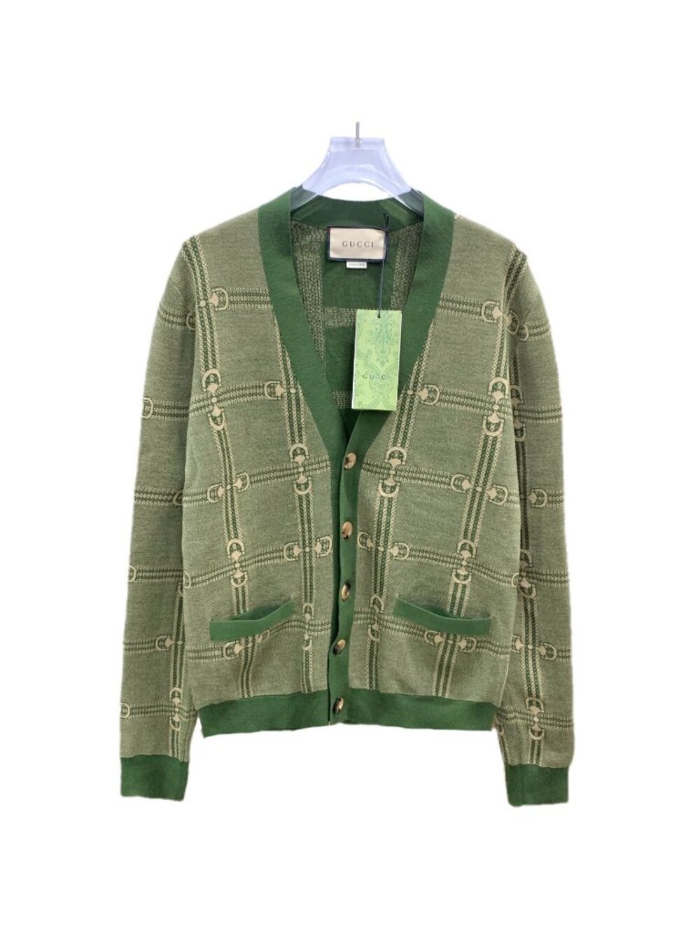 Gucci Green Horsebit Jacquard Wool V-Neck Cardigan